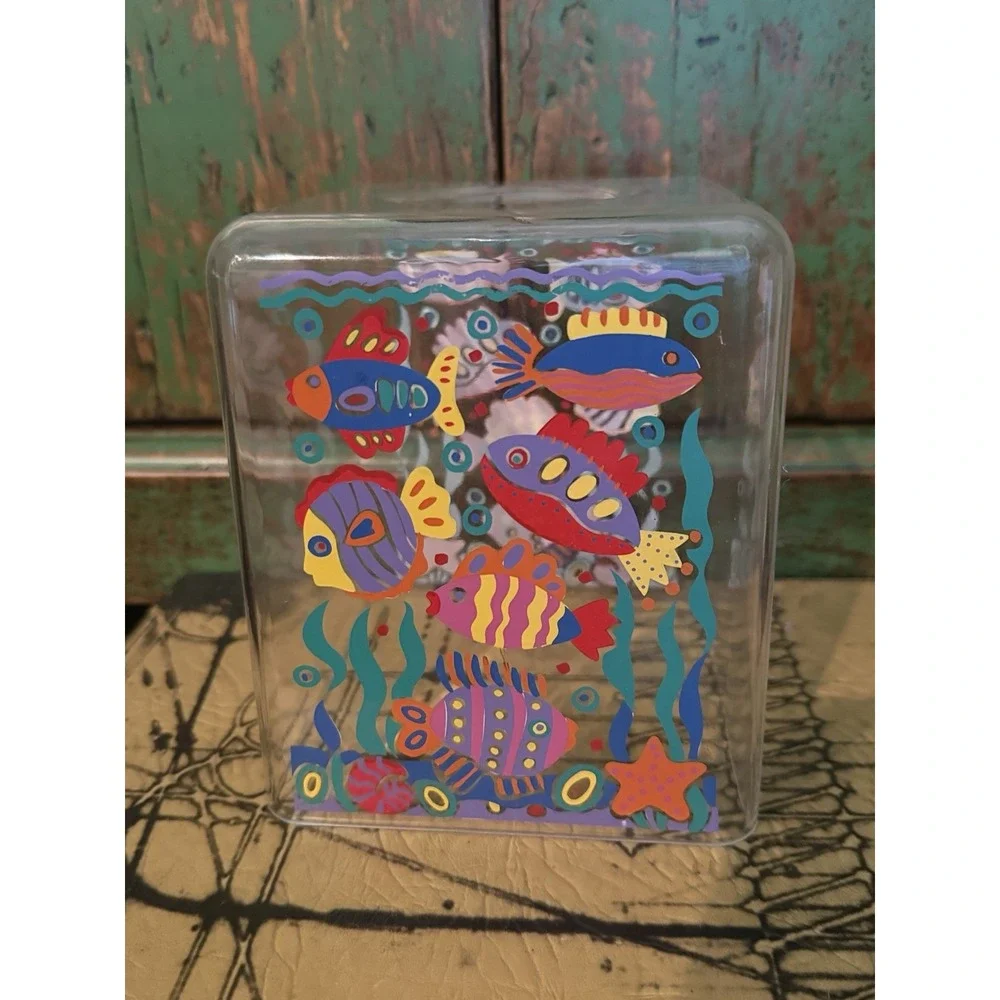 Vintage 1980's Clear Plastic Kleenex Holder Colorful Fish Coastal